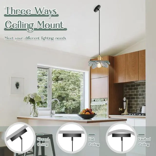 Alt view image 3 of 7 - Gold Brass Vintage Pendant Light Dark Green Glass Hanging Light with Flower Shade Mini Adjustable Pendant Light Fixture for Kitchen Island Dining Room Hallway Farmhouse 2-Pack