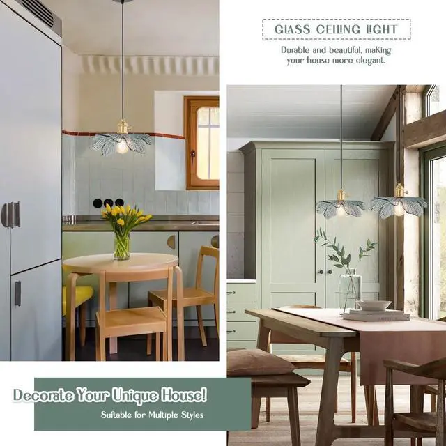 Alt view image 4 of 7 - Gold Brass Vintage Pendant Light Dark Green Glass Hanging Light with Flower Shade Mini Adjustable Pendant Light Fixture for Kitchen Island Dining Room Hallway Farmhouse 2-Pack