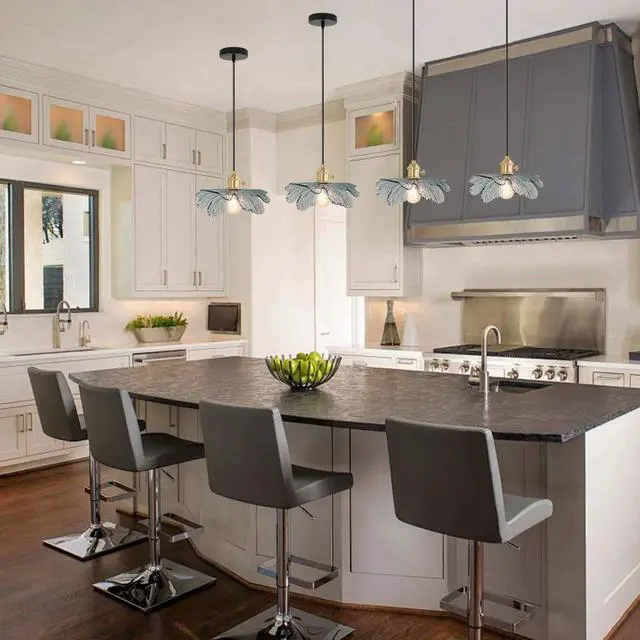 Alt view image 6 of 7 - Gold Brass Vintage Pendant Light Dark Green Glass Hanging Light with Flower Shade Mini Adjustable Pendant Light Fixture for Kitchen Island Dining Room Hallway Farmhouse 2-Pack