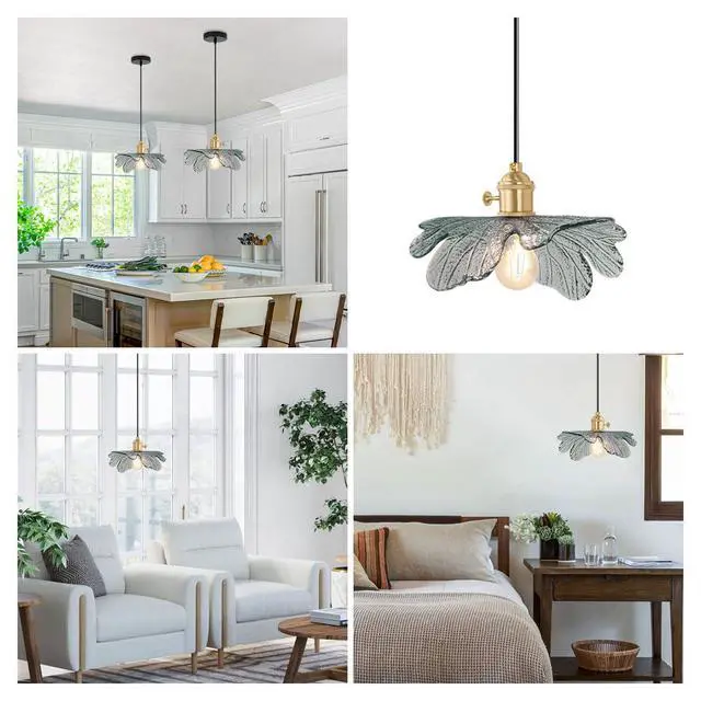 Alt view image 7 of 7 - Gold Brass Vintage Pendant Light Dark Green Glass Hanging Light with Flower Shade Mini Adjustable Pendant Light Fixture for Kitchen Island Dining Room Hallway Farmhouse 2-Pack