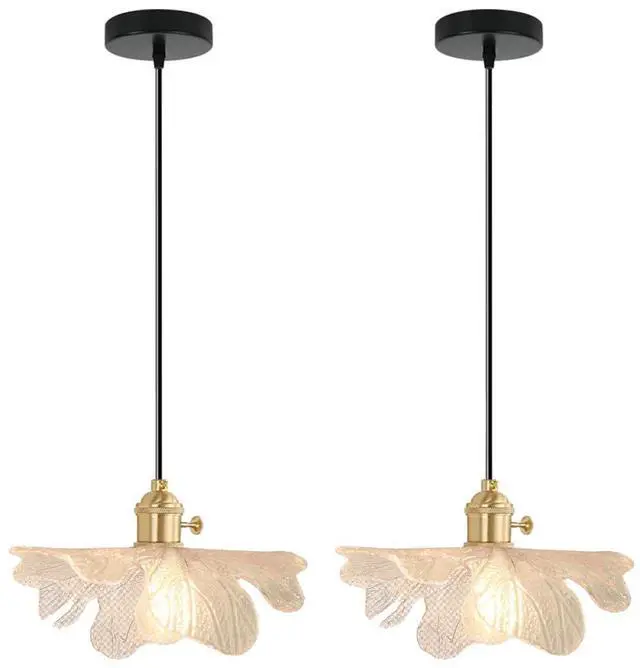 Main image of 2-Lights Farmhouse Glass Pendant Light, Kitchen Island Small Hanging Lights with Clear Flower Shade Vintage Modern Ceiling Pendant Lights Adjustable Height Gold Hanging Light Fixture