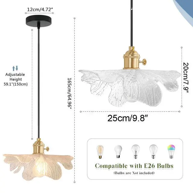 Alt view image 2 of 7 - 2-Lights Farmhouse Glass Pendant Light, Kitchen Island Small Hanging Lights with Clear Flower Shade Vintage Modern Ceiling Pendant Lights Adjustable Height Gold Hanging Light Fixture