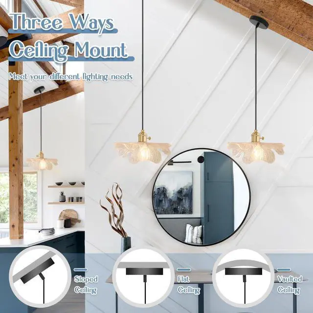 Alt view image 3 of 7 - 2-Lights Farmhouse Glass Pendant Light, Kitchen Island Small Hanging Lights with Clear Flower Shade Vintage Modern Ceiling Pendant Lights Adjustable Height Gold Hanging Light Fixture