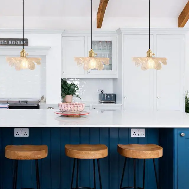 Alt view image 6 of 7 - 2-Lights Farmhouse Glass Pendant Light, Kitchen Island Small Hanging Lights with Clear Flower Shade Vintage Modern Ceiling Pendant Lights Adjustable Height Gold Hanging Light Fixture