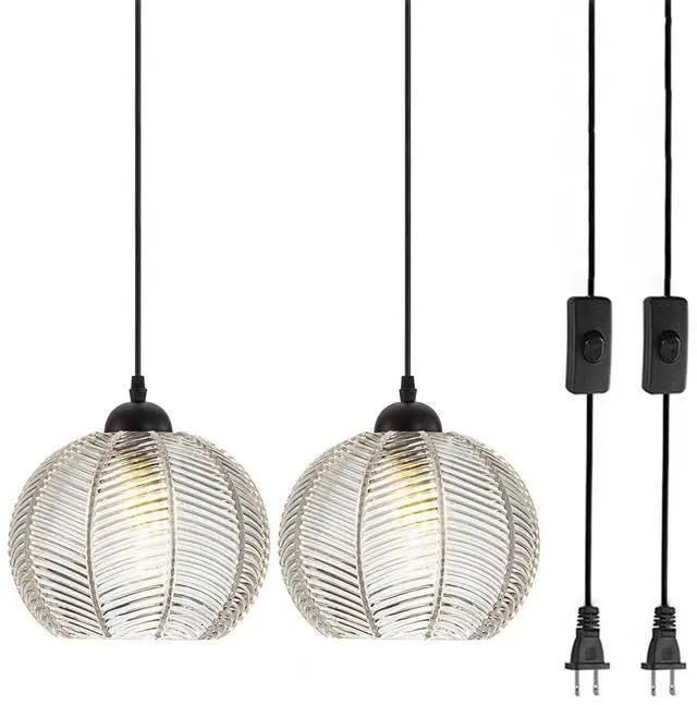 Main image of Glass Pendant Light fixtures with Plug in Cord Mid Century Modern Hanging Light Plug in with Clear Ribbed Glass Shade Black Glass Globe Pendant Lighting for Dining Bedroom Kitchen
