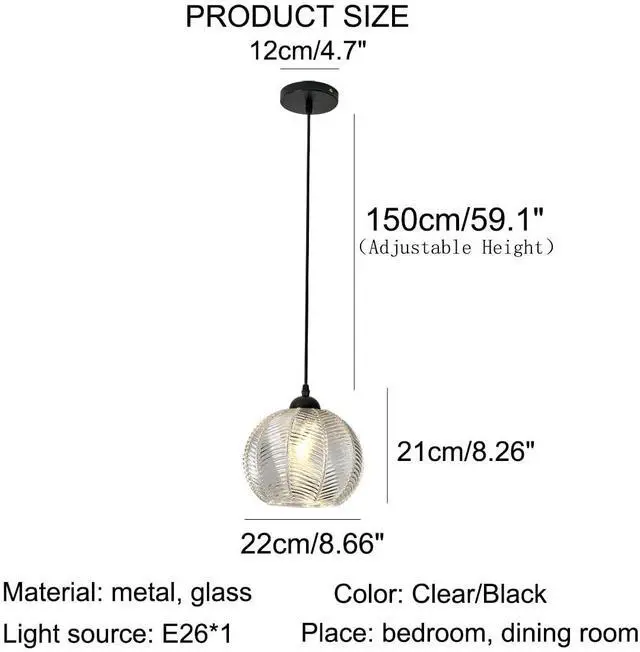 Alt view image 2 of 7 - Clear Pendant Light fixtures Glass Globe Pendant Lights with 8.66" Ribbed Glass Shade Mid Century Modern Ceiling Hanging Light for Bedroom Living Dining Room Kitchen Island