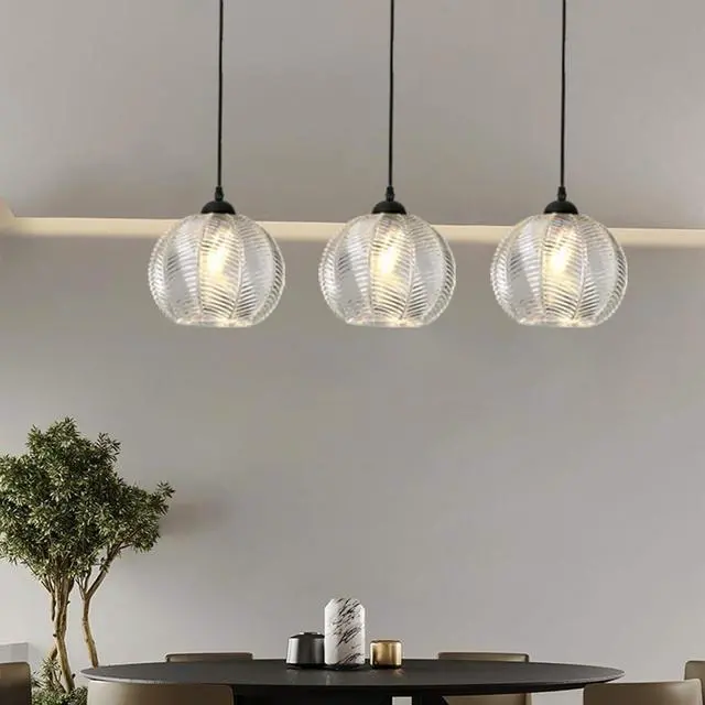 Alt view image 3 of 7 - Clear Pendant Light fixtures Glass Globe Pendant Lights with 8.66" Ribbed Glass Shade Mid Century Modern Ceiling Hanging Light for Bedroom Living Dining Room Kitchen Island