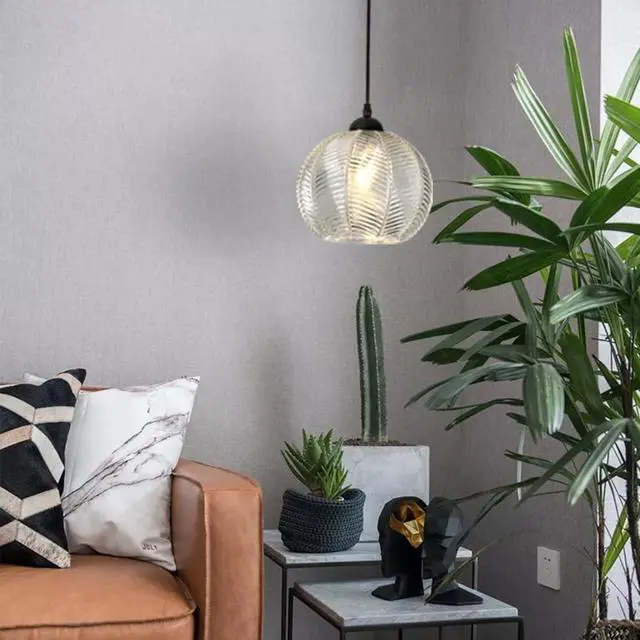 Alt view image 5 of 7 - Clear Pendant Light fixtures Glass Globe Pendant Lights with 8.66" Ribbed Glass Shade Mid Century Modern Ceiling Hanging Light for Bedroom Living Dining Room Kitchen Island
