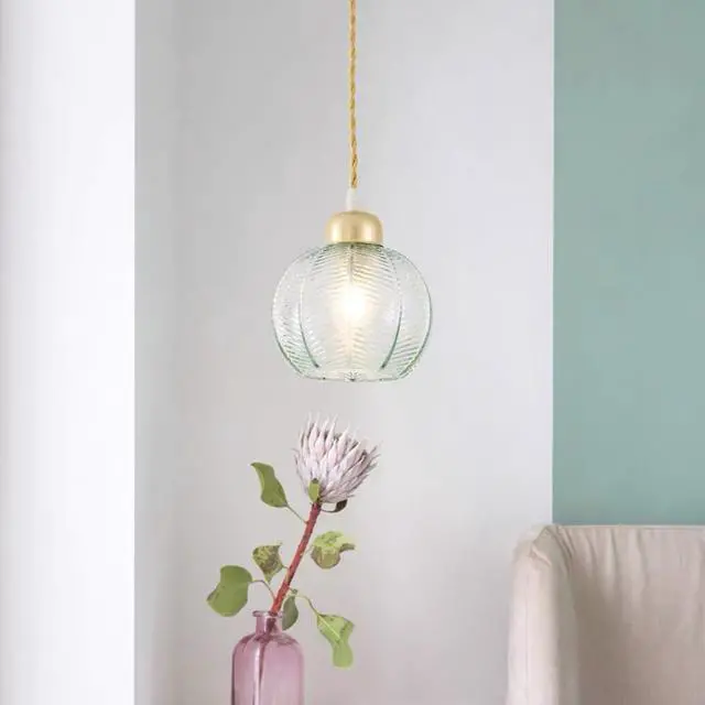 Alt view image 3 of 7 - Mid Century Pendant Lights Glass Globe Pendant Light fixtures Gold Vintage 1-Lights Green Ribbed Hand Blown Glass Shade Modern Ceiling Pendant Lighting for Kitchen Island Dining Room
