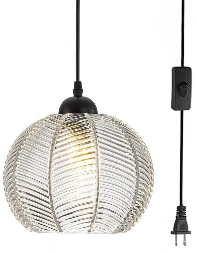 Main image of Glass Globe Plug in Pendant Light fixtures 1-Lights Black Pendant Lights Kitchen Island Plug in with Clear Ribbed Hand Blown Glass Shade Mid Century Modern Hanging Lighting (1-Pack)