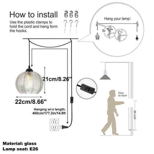 Alt view image 2 of 7 - Glass Globe Plug in Pendant Light fixtures 1-Lights Black Pendant Lights Kitchen Island Plug in with Clear Ribbed Hand Blown Glass Shade Mid Century Modern Hanging Lighting (1-Pack)