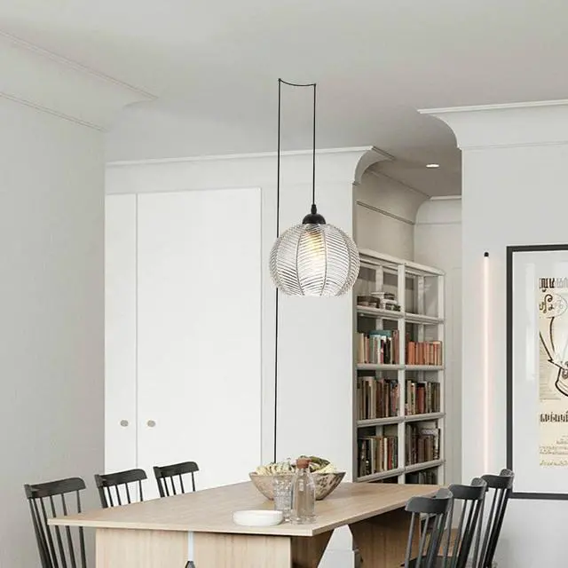 Alt view image 3 of 7 - Glass Globe Plug in Pendant Light fixtures 1-Lights Black Pendant Lights Kitchen Island Plug in with Clear Ribbed Hand Blown Glass Shade Mid Century Modern Hanging Lighting (1-Pack)