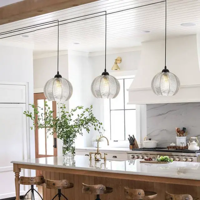 Alt view image 5 of 7 - Glass Globe Plug in Pendant Light fixtures 1-Lights Black Pendant Lights Kitchen Island Plug in with Clear Ribbed Hand Blown Glass Shade Mid Century Modern Hanging Lighting (1-Pack)