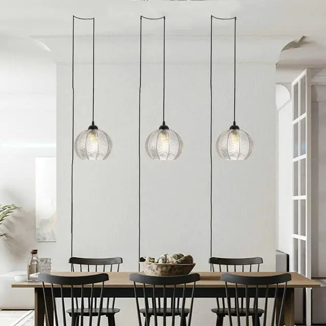 Alt view image 6 of 7 - Glass Globe Plug in Pendant Light fixtures 1-Lights Black Pendant Lights Kitchen Island Plug in with Clear Ribbed Hand Blown Glass Shade Mid Century Modern Hanging Lighting (1-Pack)
