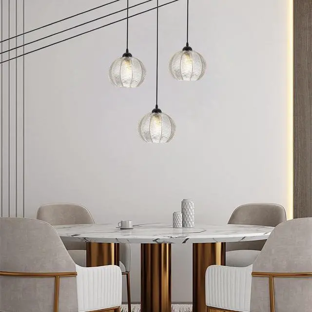 Alt view image 7 of 7 - Glass Globe Plug in Pendant Light fixtures 1-Lights Black Pendant Lights Kitchen Island Plug in with Clear Ribbed Hand Blown Glass Shade Mid Century Modern Hanging Lighting (1-Pack)