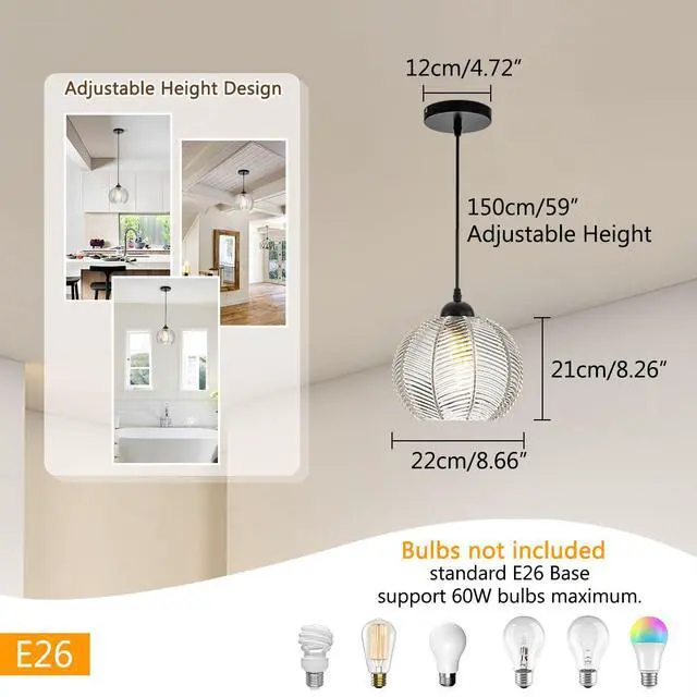 Alt view image 2 of 7 - Glass Globe Pendant Light fixtures Clear Glass Pendant Lights Kitchen Island Black 1-Lights Ceiling Hanging Lights with Ribbed Hand Blown Shade Mid Century Modern Hanging Lighting