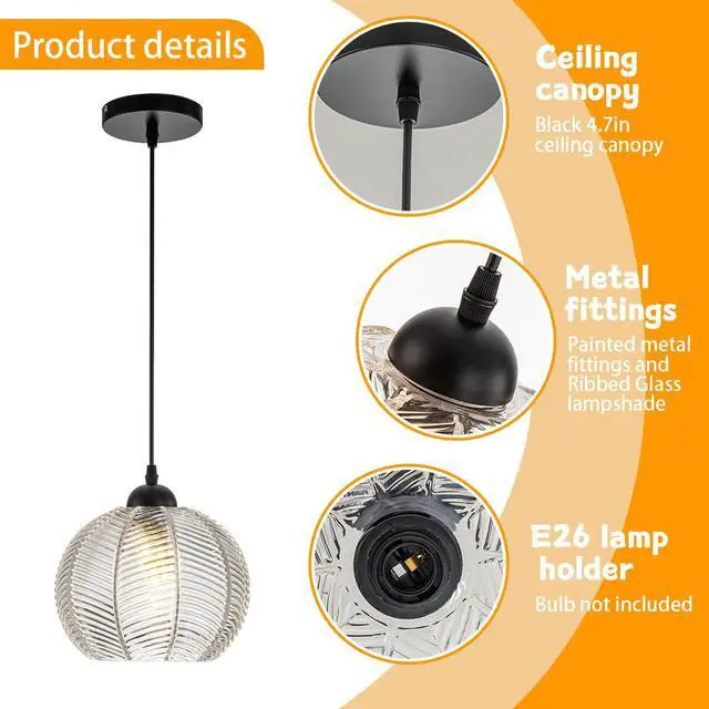 Alt view image 3 of 7 - Glass Globe Pendant Light fixtures Clear Glass Pendant Lights Kitchen Island Black 1-Lights Ceiling Hanging Lights with Ribbed Hand Blown Shade Mid Century Modern Hanging Lighting