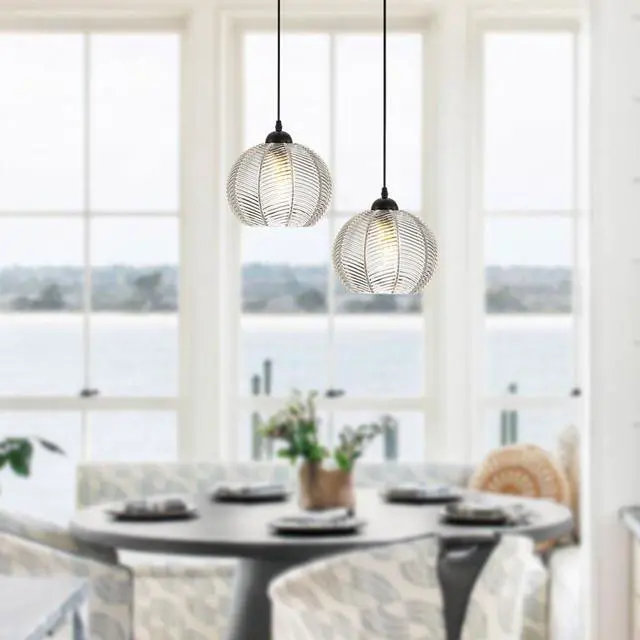 Alt view image 4 of 7 - Glass Globe Pendant Light fixtures Clear Glass Pendant Lights Kitchen Island Black 1-Lights Ceiling Hanging Lights with Ribbed Hand Blown Shade Mid Century Modern Hanging Lighting