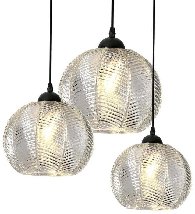 Main image of 3-Lights Glass Globe Pendant Light fixtures Black Pendant Lights with Clear Ribbed Hand Blown Glass Shade Mid Century Modern Ceiling Hanging Lighting for Kitchen Island Dining Room