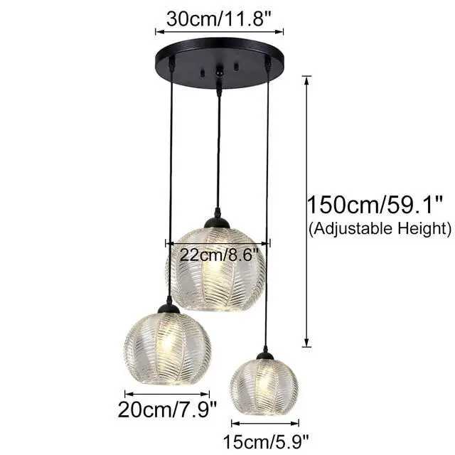 Alt view image 2 of 7 - 3-Lights Glass Globe Pendant Light fixtures Black Pendant Lights with Clear Ribbed Hand Blown Glass Shade Mid Century Modern Ceiling Hanging Lighting for Kitchen Island Dining Room