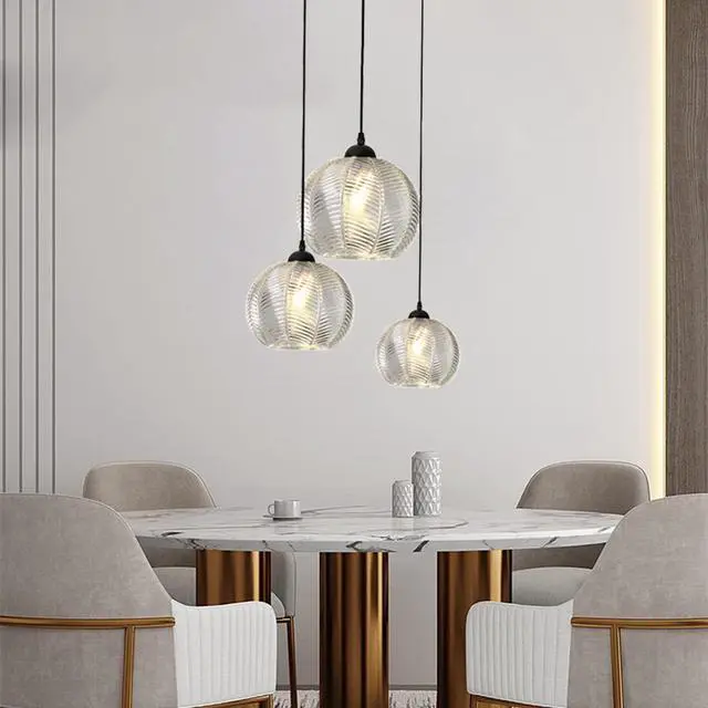 Alt view image 3 of 7 - 3-Lights Glass Globe Pendant Light fixtures Black Pendant Lights with Clear Ribbed Hand Blown Glass Shade Mid Century Modern Ceiling Hanging Lighting for Kitchen Island Dining Room