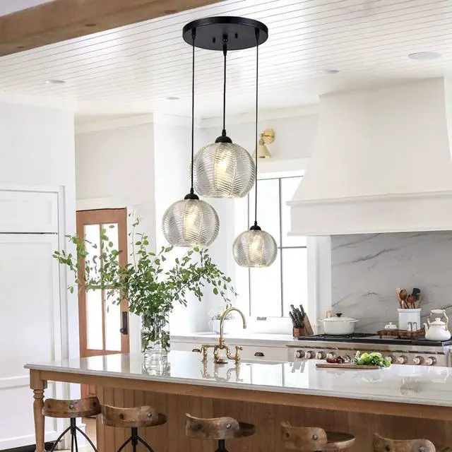 Alt view image 5 of 7 - 3-Lights Glass Globe Pendant Light fixtures Black Pendant Lights with Clear Ribbed Hand Blown Glass Shade Mid Century Modern Ceiling Hanging Lighting for Kitchen Island Dining Room