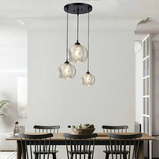 Alt view image 6 of 7 - 3-Lights Glass Globe Pendant Light fixtures Black Pendant Lights with Clear Ribbed Hand Blown Glass Shade Mid Century Modern Ceiling Hanging Lighting for Kitchen Island Dining Room