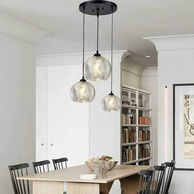 Alt view image 7 of 7 - 3-Lights Glass Globe Pendant Light fixtures Black Pendant Lights with Clear Ribbed Hand Blown Glass Shade Mid Century Modern Ceiling Hanging Lighting for Kitchen Island Dining Room