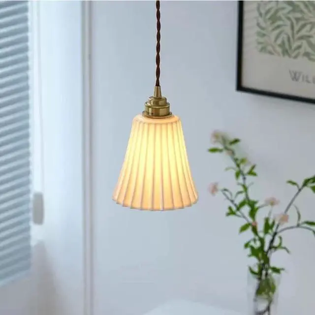 Alt view image 3 of 7 - White Pendant Light Ceramic Pendant Lights Fixtures Kitchen Island Ceiling Hanging Light with Ribbed Glass Shade Industrial Vintage Pendant Lighting for Dining Living Room Hallway