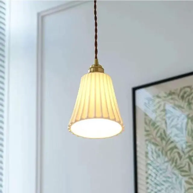 Alt view image 4 of 7 - White Pendant Light Ceramic Pendant Lights Fixtures Kitchen Island Ceiling Hanging Light with Ribbed Glass Shade Industrial Vintage Pendant Lighting for Dining Living Room Hallway