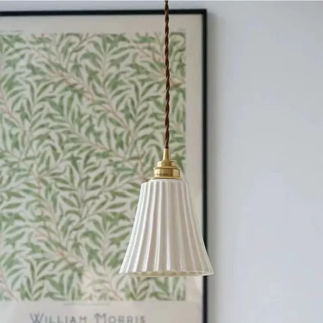 Alt view image 5 of 7 - White Pendant Light Ceramic Pendant Lights Fixtures Kitchen Island Ceiling Hanging Light with Ribbed Glass Shade Industrial Vintage Pendant Lighting for Dining Living Room Hallway