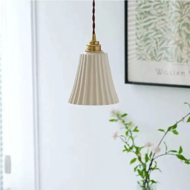Alt view image 6 of 7 - White Pendant Light Ceramic Pendant Lights Fixtures Kitchen Island Ceiling Hanging Light with Ribbed Glass Shade Industrial Vintage Pendant Lighting for Dining Living Room Hallway