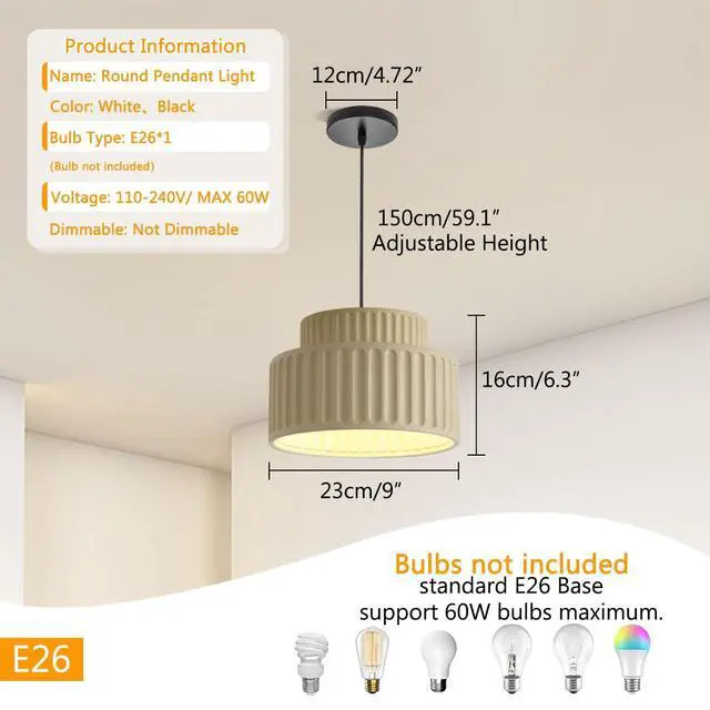 Alt view image 2 of 7 - Nordic Pendant Light Fixture Mid Century Modern Pendant Lamp 2-Layer Round Light with White Striped Resin Shade Black Ceiling Pendant Lighting Dining Room Kitchen Island Farmhouse