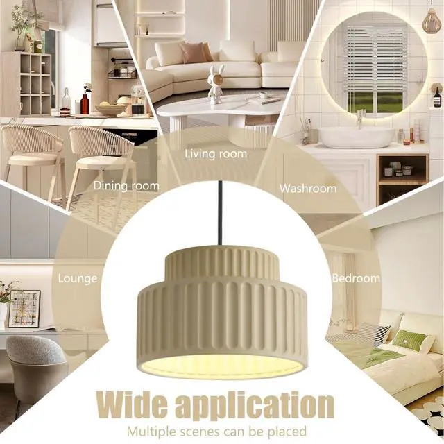 Alt view image 3 of 7 - Nordic Pendant Light Fixture Mid Century Modern Pendant Lamp 2-Layer Round Light with White Striped Resin Shade Black Ceiling Pendant Lighting Dining Room Kitchen Island Farmhouse