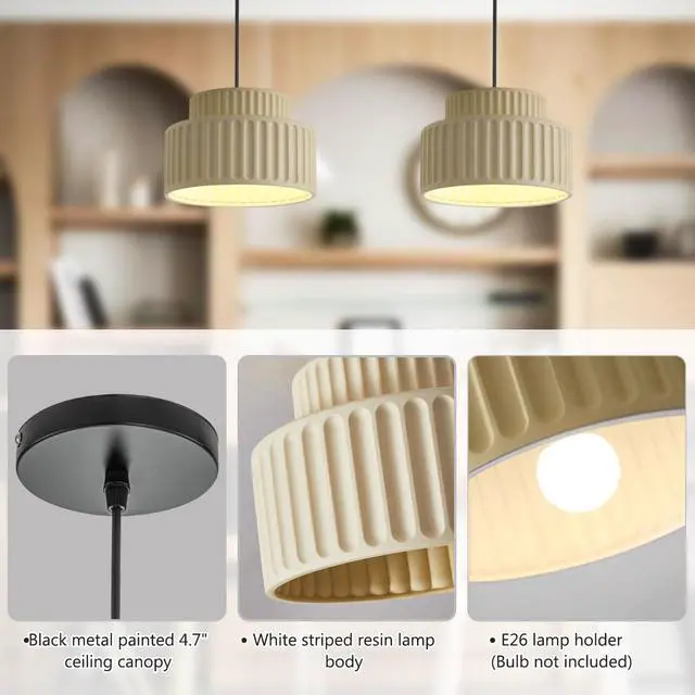 Alt view image 4 of 7 - Nordic Pendant Light Fixture Mid Century Modern Pendant Lamp 2-Layer Round Light with White Striped Resin Shade Black Ceiling Pendant Lighting Dining Room Kitchen Island Farmhouse