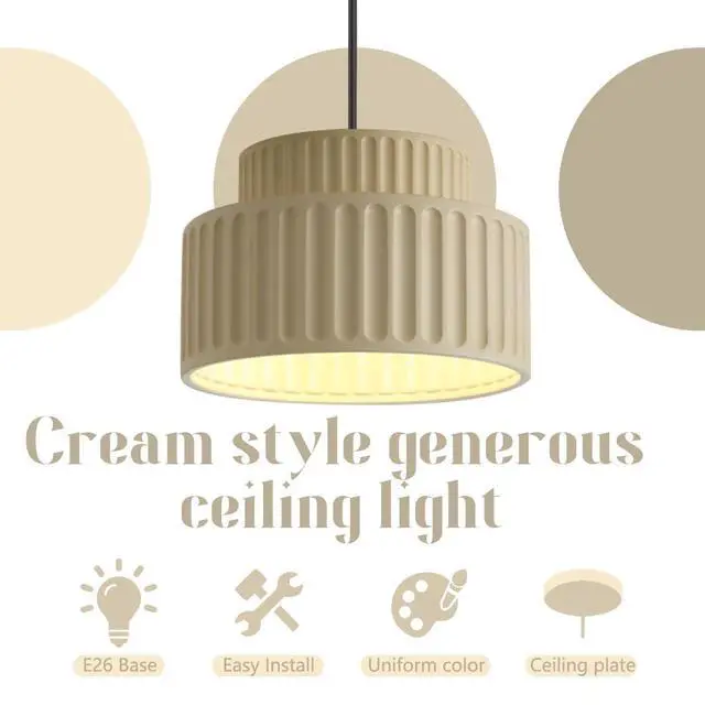 Alt view image 5 of 7 - Nordic Pendant Light Fixture Mid Century Modern Pendant Lamp 2-Layer Round Light with White Striped Resin Shade Black Ceiling Pendant Lighting Dining Room Kitchen Island Farmhouse