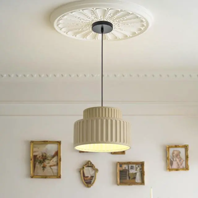 Alt view image 6 of 7 - Nordic Pendant Light Fixture Mid Century Modern Pendant Lamp 2-Layer Round Light with White Striped Resin Shade Black Ceiling Pendant Lighting Dining Room Kitchen Island Farmhouse