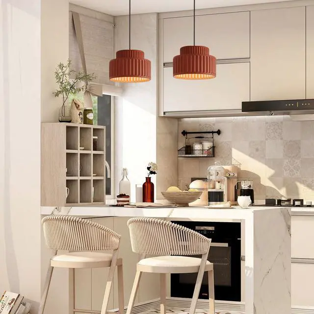 Alt view image 6 of 7 - Nordic Modern Pendant Light Fixture Mid Century Pendant Lamp 2-Layer Round Light with Striped Resin Shade Black Ceiling Pendant Lighting for Dining Room Kitchen Island Farmhouse (Red)