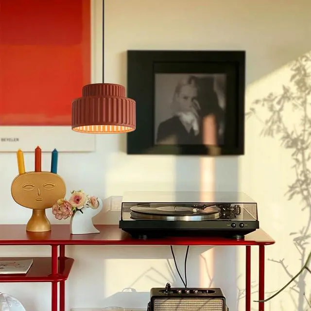 Alt view image 7 of 7 - Nordic Modern Pendant Light Fixture Mid Century Pendant Lamp 2-Layer Round Light with Striped Resin Shade Black Ceiling Pendant Lighting for Dining Room Kitchen Island Farmhouse (Red)