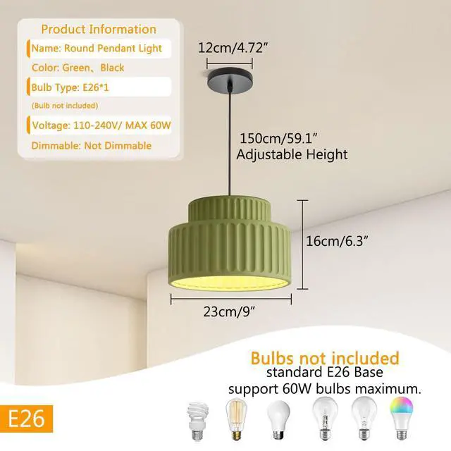 Alt view image 2 of 7 - Nordic Modern Green Pendant Light Fixture Resin Pendant Lamp 2-Layer Round Light with Striped Shade Mid Century Black Ceiling Pendant Lighting Dining Room Kitchen Island Farmhouse