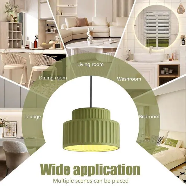 Alt view image 3 of 7 - Nordic Modern Green Pendant Light Fixture Resin Pendant Lamp 2-Layer Round Light with Striped Shade Mid Century Black Ceiling Pendant Lighting Dining Room Kitchen Island Farmhouse