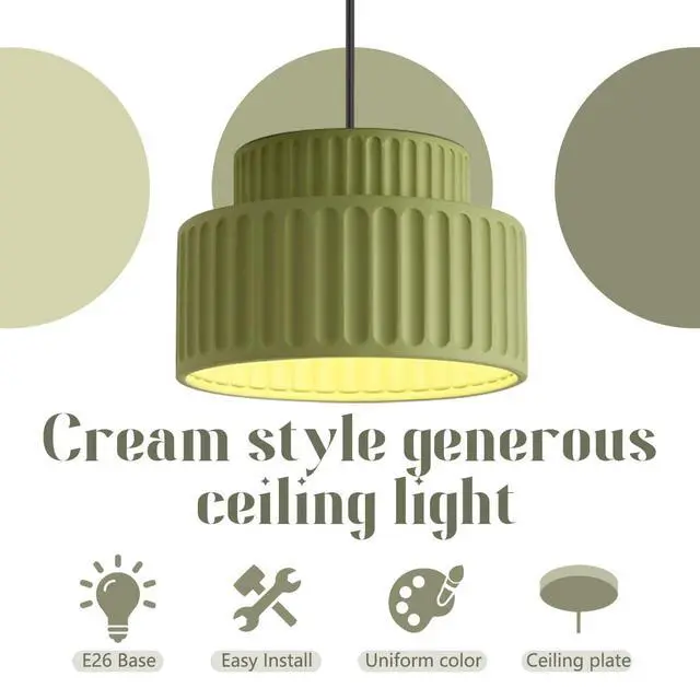 Alt view image 4 of 7 - Nordic Modern Green Pendant Light Fixture Resin Pendant Lamp 2-Layer Round Light with Striped Shade Mid Century Black Ceiling Pendant Lighting Dining Room Kitchen Island Farmhouse