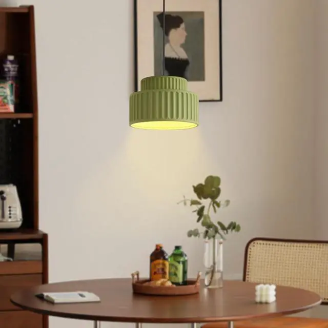 Alt view image 5 of 7 - Nordic Modern Green Pendant Light Fixture Resin Pendant Lamp 2-Layer Round Light with Striped Shade Mid Century Black Ceiling Pendant Lighting Dining Room Kitchen Island Farmhouse