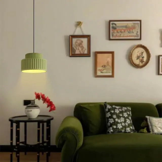 Alt view image 6 of 7 - Nordic Modern Green Pendant Light Fixture Resin Pendant Lamp 2-Layer Round Light with Striped Shade Mid Century Black Ceiling Pendant Lighting Dining Room Kitchen Island Farmhouse