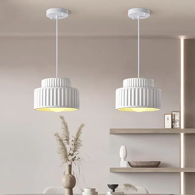 Alt view image 3 of 7 - Vintage Pendant Light Fixture Nordic Modern Hanging Lights 2-Layer Round Resin Shade White Finish Single Mid Century Flush Mount Ceiling Light Kitchen Farmhouse Pendant Lights