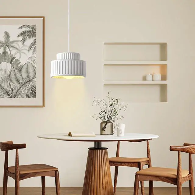 Alt view image 4 of 7 - Vintage Pendant Light Fixture Nordic Modern Hanging Lights 2-Layer Round Resin Shade White Finish Single Mid Century Flush Mount Ceiling Light Kitchen Farmhouse Pendant Lights