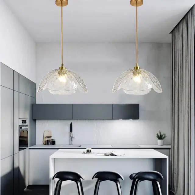 Alt view image 5 of 7 - Glass Pendant Light Kitchen Island Clear Glass Pendant Light fixtures Mid Century Modern Hanging Lights with Beautiful Clear Petal Shape Adjustable Rod for Living Dining Room Hallway