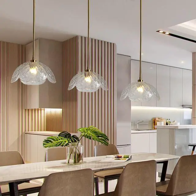 Alt view image 7 of 7 - Glass Pendant Light Kitchen Island Clear Glass Pendant Light fixtures Mid Century Modern Hanging Lights with Beautiful Clear Petal Shape Adjustable Rod for Living Dining Room Hallway