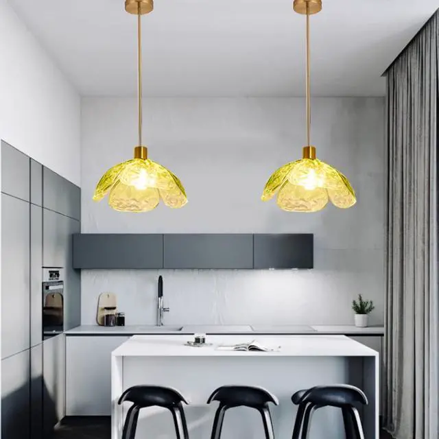 Alt view image 2 of 7 - Gold Pendant Light Fixtures 1-Light Green Glass Ceiling Pendant Light Beautiful Petal Shape Modern Chandelier Hanging Light for Kitchen Island Living Dining Room Hallway (Green)