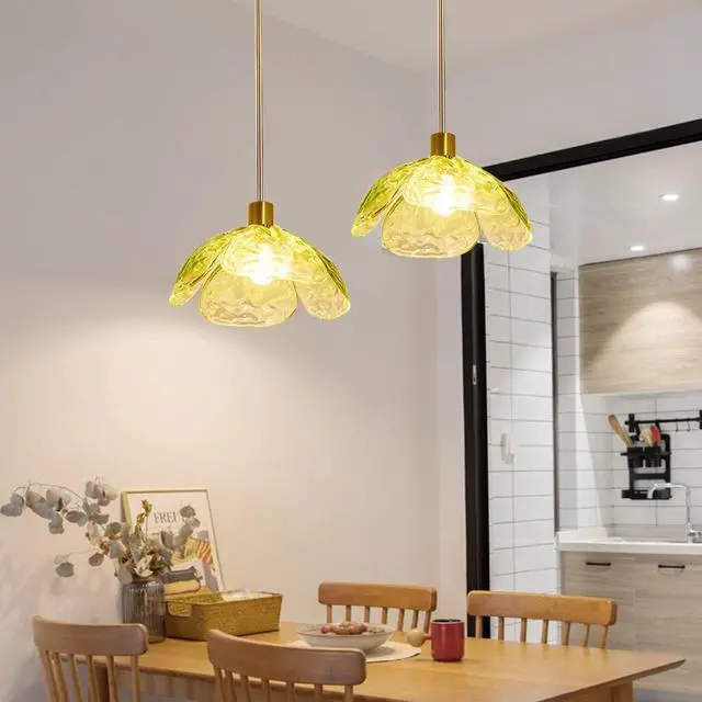 Alt view image 4 of 7 - Gold Pendant Light Fixtures 1-Light Green Glass Ceiling Pendant Light Beautiful Petal Shape Modern Chandelier Hanging Light for Kitchen Island Living Dining Room Hallway (Green)